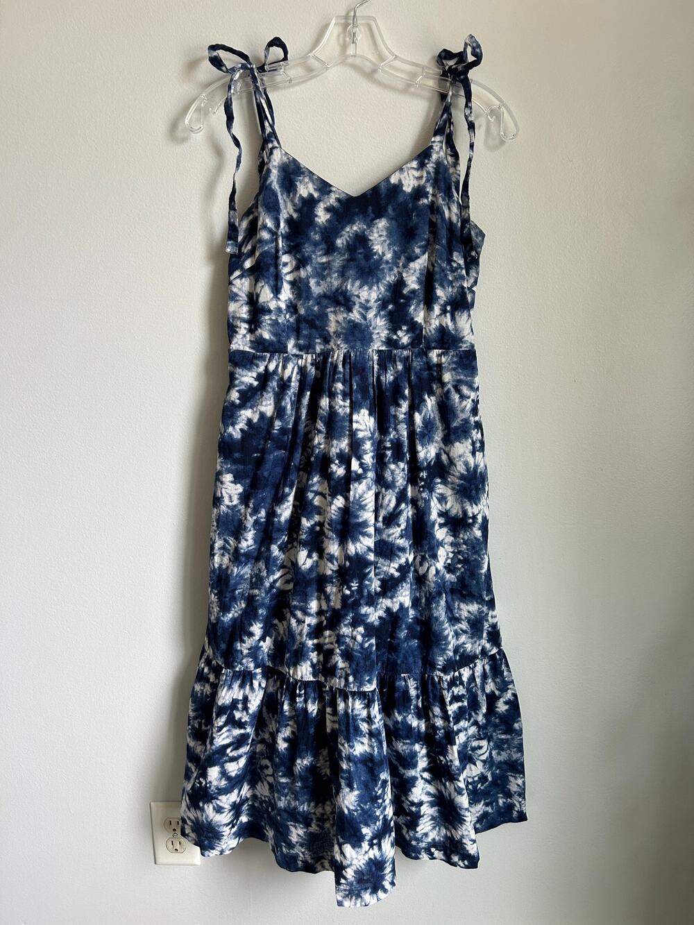 GAP Navy Blue White Tie Dye Tiered Cotton Spaghetti Strap Midi Dress 2 Petite